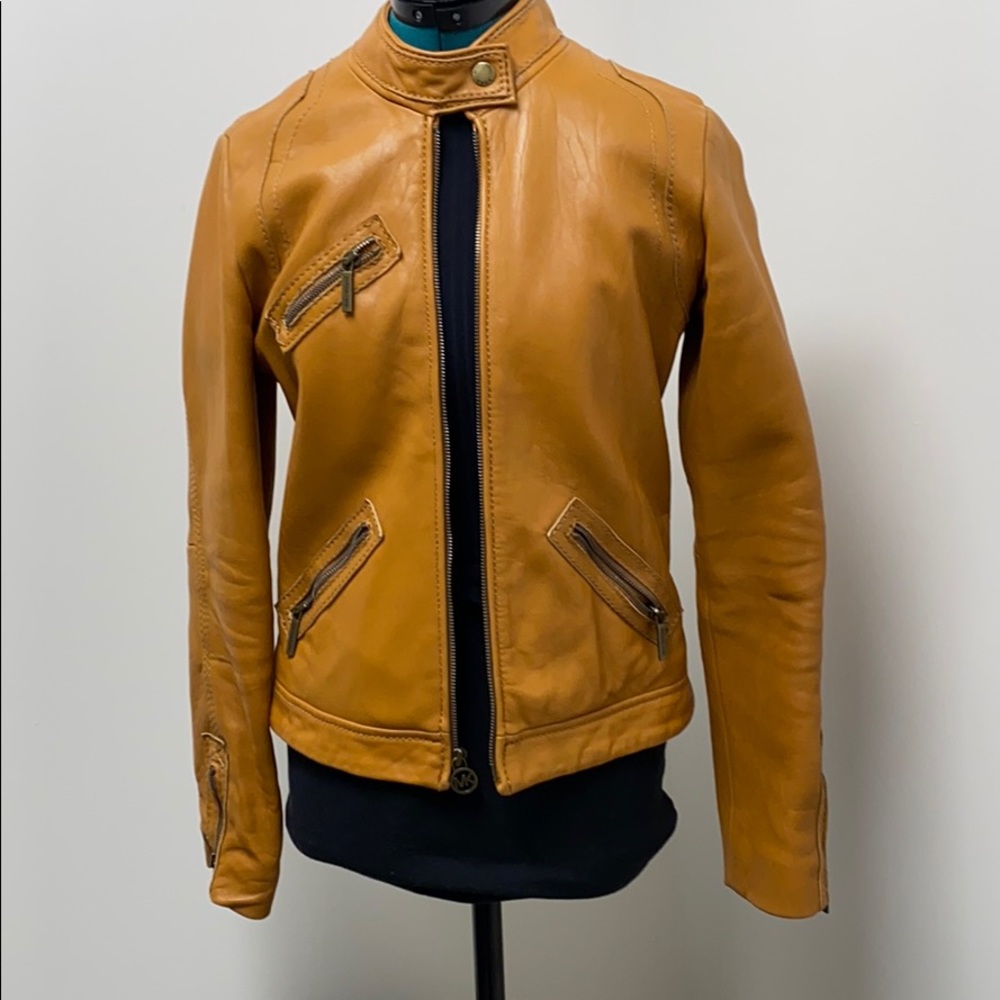 Michael KORS Leather Moto Jacket Biker Coat MK Khaki Cargo Zipper Retro City VTG - Picture 7 of 16